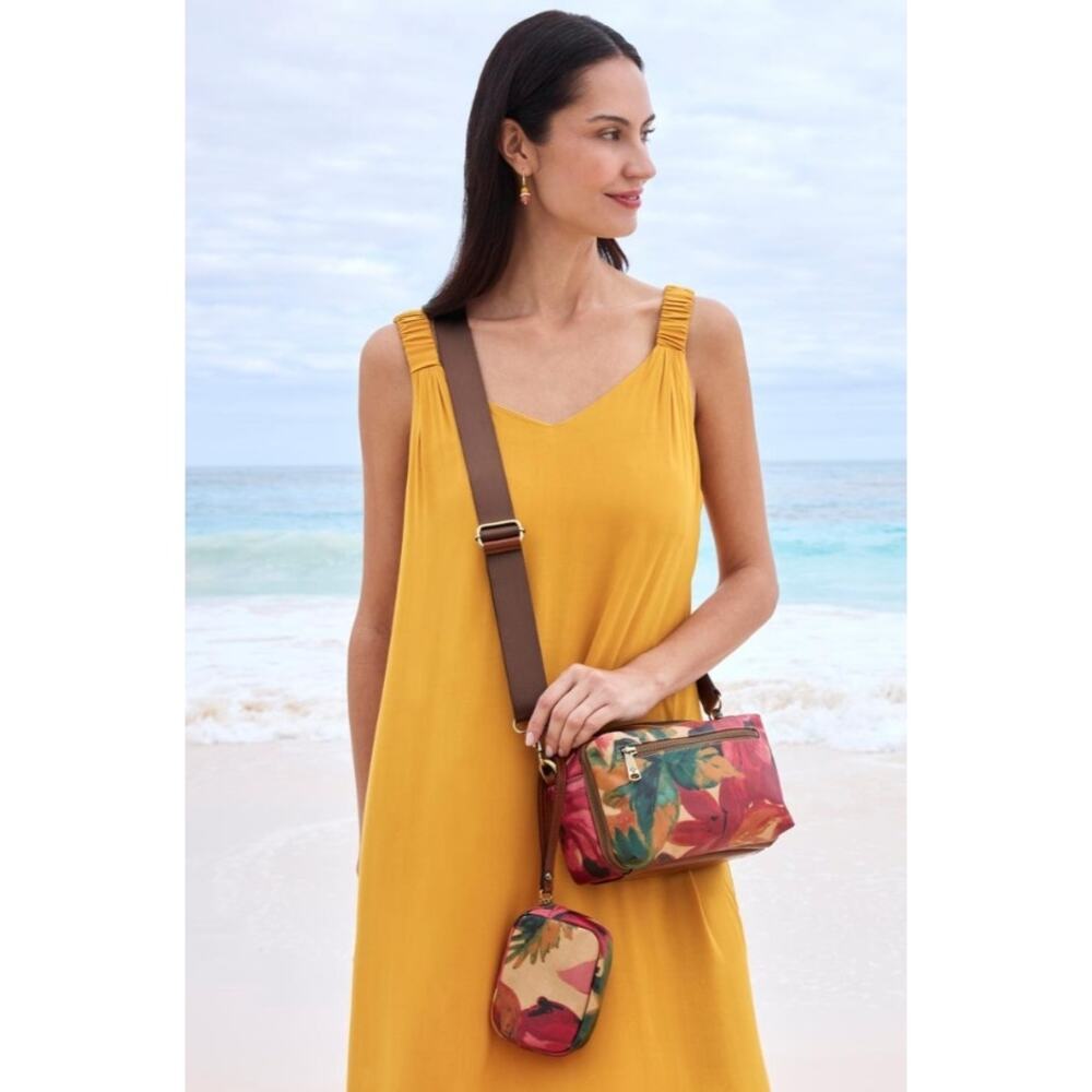 Patricia Nash Red Floral Crossbody Bag with Brown Strap